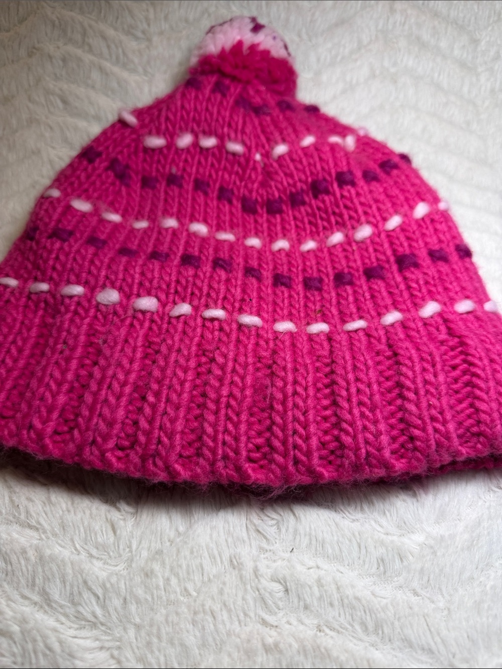 Youth Large L.L. Bean Pink Knit Winter Hat Fleece Lined. Pom Pom